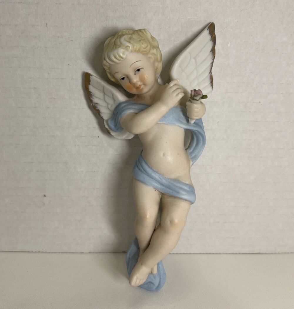 Vtg Bisque Porcelain Flying Angel Cherub Blue Ribbon Hand Painted Wall Plaque